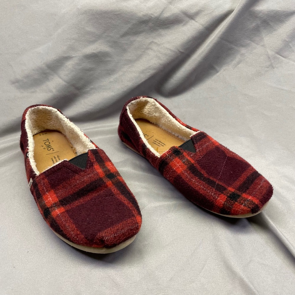 TOMS Womens Alpargata Red Plaid Wool Faux Shearling Lined Slip On Shoes 8.5